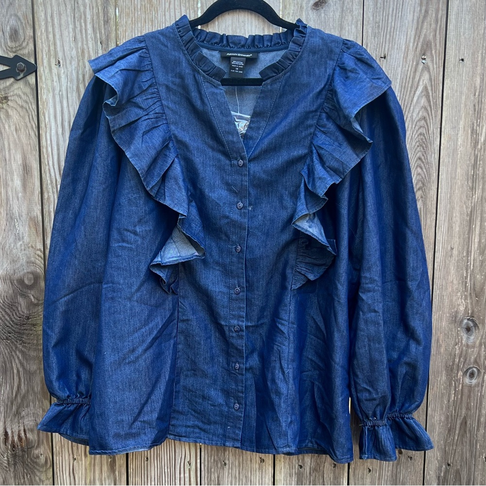 ASHLEY STEWART Denim Look Ruffle Long Sleeve Top women’s 14 NWT NEW